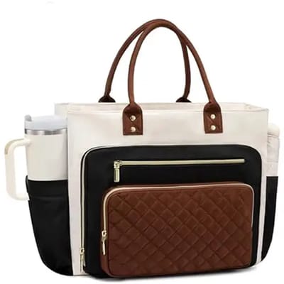 Laptoptas Dames - Werk- & Docententas - Beige/Bruin - 15.6 inch Laptopvak - Grote Bekerhouder - Zakelijke Handtas - Polyester - 42.5 cm