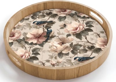Dienblad rond 40x40 cm - Schootdienblad hout - Klassiek - Vogels - Kleurrijk - Borrelplank rechthoek - Plateau houten dienbladen