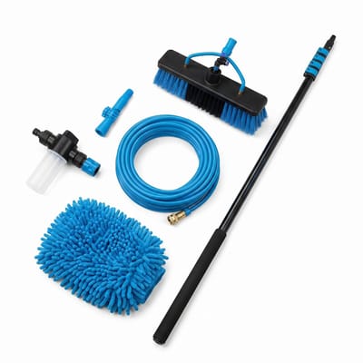 Cheqo® Telescopische Wasborstel - Waterborstel met Telescoopsteel - Ramen Wassen - Zonnepanelen Borstel - Uitschuifbaar - Waterdoorvoer - Auto Wassen - Caravan en Camper - Gevels - Buitengevel Reinigen - Schoonmaakset - Waterbezem