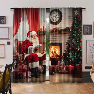 2 Stuks Kerstman Gordijnen Oude Kerstman Zit Thuis Op Kerstavond Een Brief Lezend Bij De Boom Woonkamer Slaapkamer 29x65in(75x166cm) gray