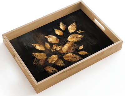Dienblad hout 40x30 cm - Schootdienblad - Gouden Bladeren op Donkere Achtergrond - Borrelplank rechthoek - Plateau dienbladen