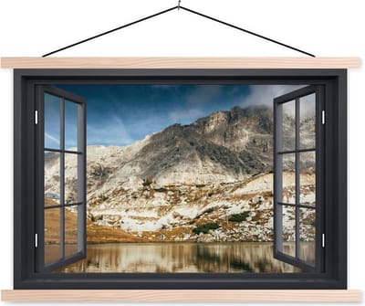 Posterhanger incl. Poster 150x100 cm - Schoolplaat - Doorkijk - Meer - Berg - Textielposter - Blanke latten