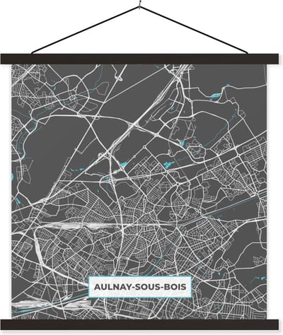 Posterhanger incl. Poster 60x60 cm - Schoolplaat - Plattegrond - Stadskaart - Kaart - Frankrijk - Aulnay-sous-Bois - Textielposter - Zwarte latten - Stadskaart