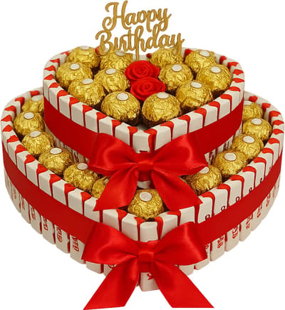 Hartvormige chocoladecadeautaart met Ferrero en Kinder