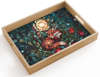 Dienblad hout 40x30 cm - Schootdienblad - Vos - Mozaïek - Bos - Maan - Borrelplank rechthoek - Plateau dienbladen