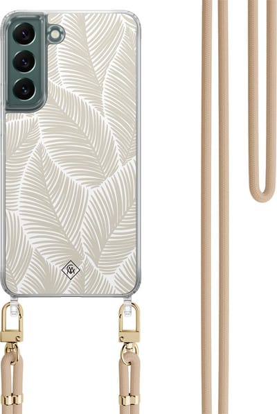 Casimoda® hoesje met koord - Geschikt voor Samsung S22 - Palm Leaves Beige - Afneembaar koord - TPU/polycarbonaat - Bruin/beige
