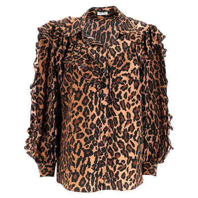 Miu Miu blouse met luipaardprint en ruches in bruine zijde