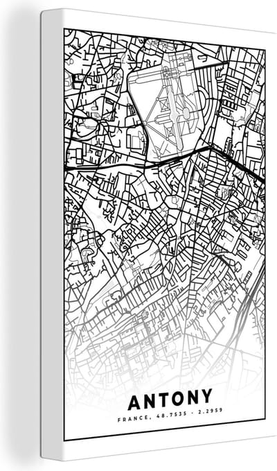 Canvas Schilderij Stadskaart - Antony - Frankrijk - Kaart - Plattegrond - Zwart wit - 20x30 cm - Wanddecoratie