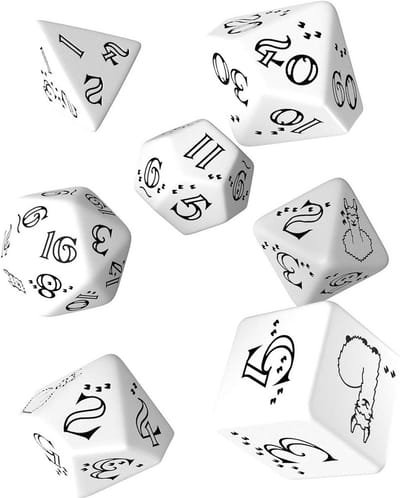 Set van 7 heldere dobbelstenen, wit en zwart