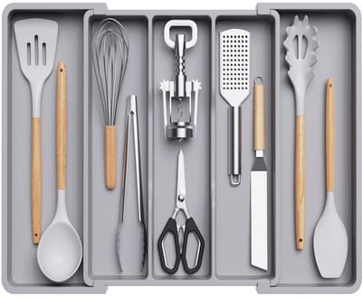 Dailygoody - Bestek Lade Organisator - Uitbreidbare Bestekbak - Verstelbaar en Ruim - Grijs - Keuken Organizer - Praktische Opbergoplossing - Geschikt