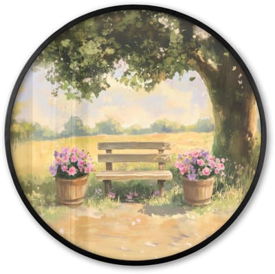 Poster in lijst Rond - Fotolijst 60x60 cm - Posters - Houten bankje - Bloempotten - Landschap - Ronde posterlijst zwart - Decoratie - Wanddecoratie woonkamer - Muurdecoratie slaapkamer