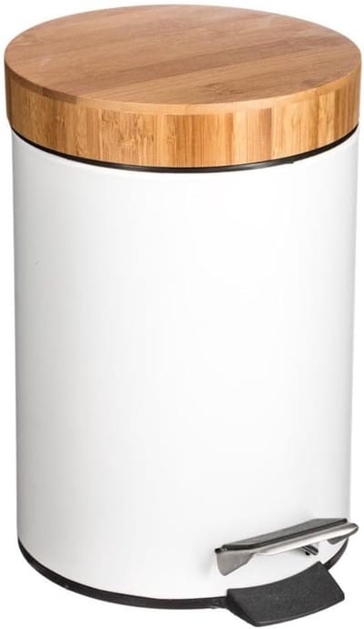 Pedal Bin - Kleine Prullenbak - Kleine Ruimtes - Bamboe Houten Deksel - 3 Liter 17x25.5 Cm - Mat Wit