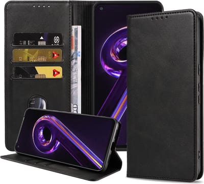 Smartphonica Telefoonhoesje geschikt voor Realme 9 Pro kunstleren Hoesje met Magnetische sluiting en Pasjeshouders Book Case met Klepje - Zwart geschikt voor Realme 9 Pro