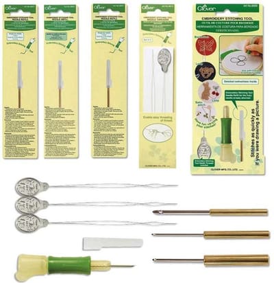 Complete Set Clover Punch Naalden met Nederlandstalige instructies van Studio Koeoek. Embroidery Stitching Tool met alle navulnaalden en extra draaddoorhalers. Voor punchen met 1 draadje, 3 draadjes, 6 draadjes borduurgaren of fijne wolgarens.