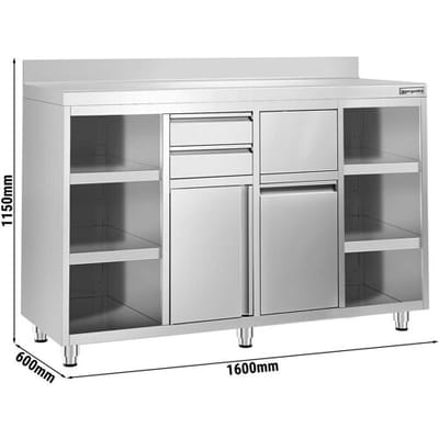 GGM Gastro Arbeitsschrank - für Kaffeemaschine - 1600x600mm - mit 2 Schubladen, 1 Tür, 1 Mülleimer & Aufkantung