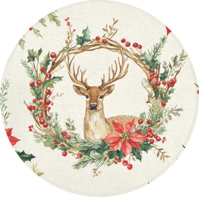 Badmat rond 70x70 cm - Antislip - Kerstkrans - Hert - Hulst - Rood - Badmatten voor badkamer - Badkamermat - Douchemat - Ronde badkamer mat