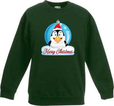 Kersttrui voor kinderen - Merry Christmas pinguin kerstbal - groen - jongens en meisjes - Kerstruien 98/104