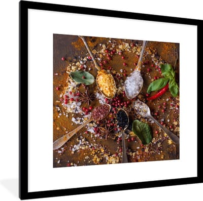 Fotolijst incl. Poster - Specerijen - Kruiden - Lepels - Zout - Bruin - Keuken - 40x40 cm - Posterlijst