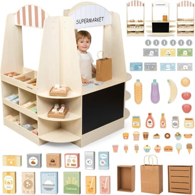 Houten Kinderwinkel - Speelgoed Supermarkt - Kinderspel - 91 Delige Set - 114 x 87.5 x 124 cm - Niet gespecificeerd