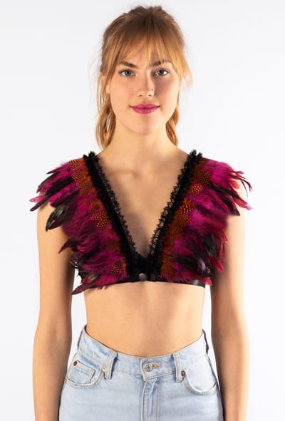 KIMU® Top met Veren Roze Oranje - Maat XS S M - Verentop Kostuum Topje Veertjes - Hippy Ibiza Zomercarnaval Rio De Janeiro Dames Carnaval Festival