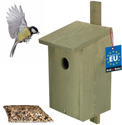 KOTARBAU® Nestkast voor Vogels, Hout, 29x17 cm, Groen, Voederhuis, Vogelhuisje, Nestkastje, Vogelvoer 0.5 kg, Voor Mezen Staren Futterstelle