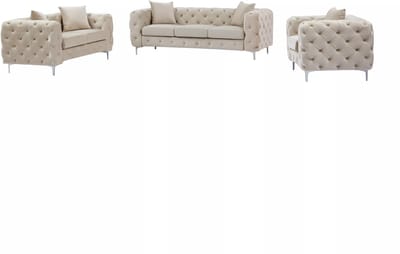 Vente-unique Drie- en tweezits-Chesterfield-bank en -fauteuil van beige velours EDWINA