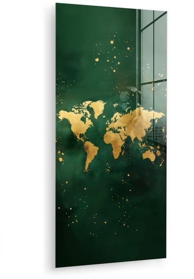 MuchoWow® Glasschilderij 40x80 cm - Schilderij acrylglas - Wereldkaart - Groen - Goud - Foto op glas - Muurdecoratie woonkamer - Wanddecoratie slaapkamer - Schilderijen
