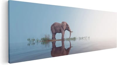 Artaza Canvas Schilderij Olifant Afrika - 60x20 cm - Wanddecoratie Waterreflectie - Muurdecoratie Dieren - Kamer Accessoires