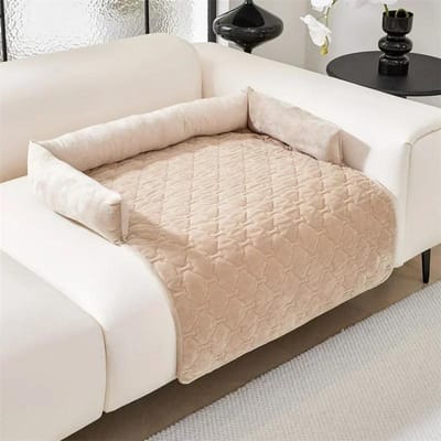 Coussin épais en velours pour animaux de compagnie, tapis de canapé à carreaux antidérapant pour chien et chat, niche, housse de canapé pour salon, protège-lit lavable, hiver S 75x75CM beige