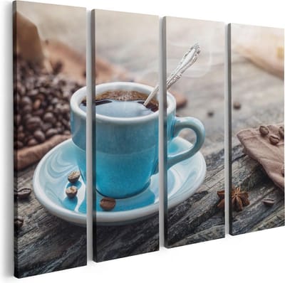 Artaza Canvas Schilderij Vierluik Blauw Kopje Koffie Met Koffiebonen - 80x60 - Foto Op Canvas - Canvas Print