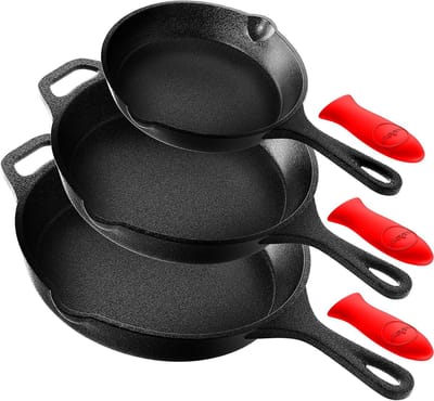 NutriChef Pannenset, 3-delige Koekenpan Set ,Gietijzeren Antiaanbak Pannen met Druipschenken- Siliconen Handgrepen- Gietijzeren Skillet- Geschikt Voor Alle Kookplaten