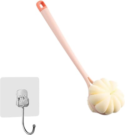 Lange Handgreep Badborstel voor Douche, 2-in-1 Lichaamspeeling en Huidmassage voor Mannen en Vrouwen, Inclusief Haak (Roze)