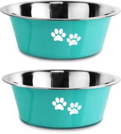Set van 2 - Voerbakken - Voerbakken voor huisdieren - Roestvrij staal - Antislip rubberen voet - 21 cm - Bedrukt - Voerbak - Waterdispenser - Geschikt voor kleine, middelgrote en grote honden - 21 cm - 1450 ml - Blauwgroen
