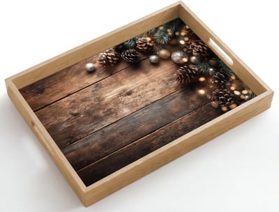 Dienblad hout 50x35 cm - Schootdienblad - Kersthoekdecoratie - Dennenappels - Lichtjes - Borrelplank rechthoek - Plateau dienbladen