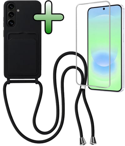 Hoes Geschikt voor Samsung A37 Hoesje Met Koord Met Screenprotector - Telefoonhoesje Geschikt voor Samsung Galaxy A37 Backcover Met Afneembaar Koord - Zwart