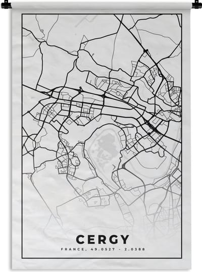 Wandkleed - Wanddoek - Frankrijk - Kaart - Cergy - Plattegrond - Stadskaart - Zwart wit - 120x180 cm - Wandtapijt