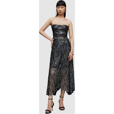AllSaints Siena Broderie Corse Gunmetal Grey Maat: 12 | Midi Rokken Outlet | Dames | Zwart
