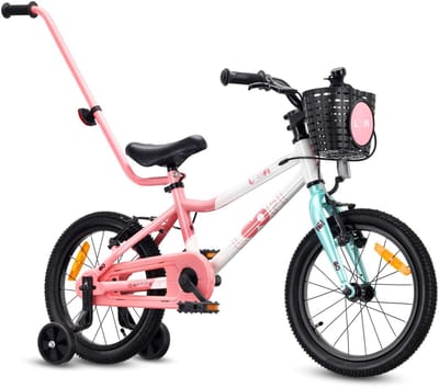Sun Baby Kinderfiets 16 Inch LOOFI, Fiets voor Meisje 4-6 Jaar, lichtgewicht 6.9 kg aluminium frame, met zijwieltjes, mandje, bel, stickers - Wit-Roze-Mint