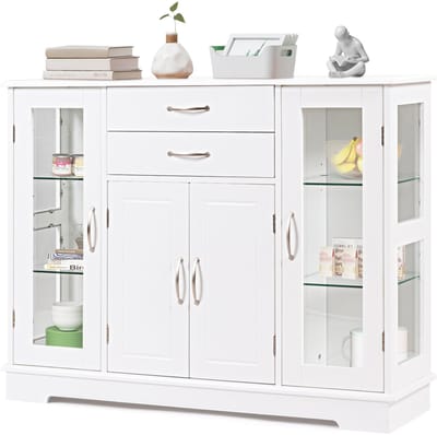 COSTWAY Dressoir wit, keukenkast met geharde glazen deuren en laden, bijzetkast van hout, buffetkast voor eetkamer, keuken, 107 x 30 x 82 cm (wit)