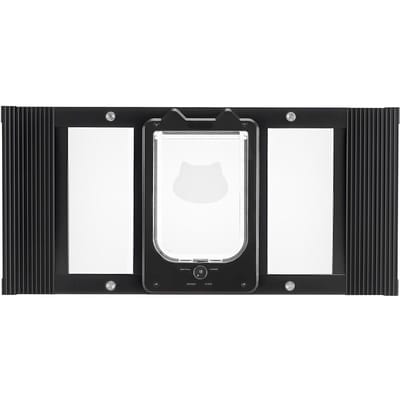 Porte pour Chat pour Fenêtre, Réglable pour s'adapter à une largeur de fenêtre de 686-813 mm, 4 Modes de Verrouillage Sécurisés, Cadre en Aluminium et Verre à Haute Transparence, Fermeture Magnétique,