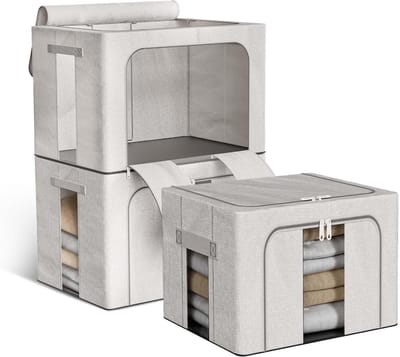 3 stuks kledingopbergdozen, 24 liter kledingorganizer met metalen frame, opvouwbare kledingopbergtas, opbergdozen met deksels, beddengoed opslag voor dekens, beddengoed, dekbedden (grijs)