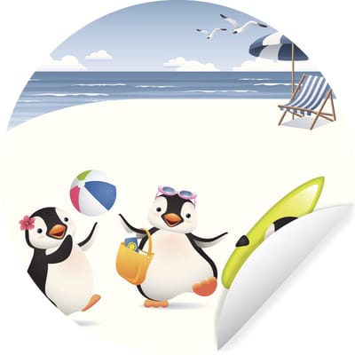 WallCircle® - Behangcirkel 120x120 cm - Muurstickers Illustratie van drie pinguïns die op het strand spelen - Muurcirkel woonkamer - Wandcirkel slaapkamer - Kamer decoratie zelfklevend - Muurdecoratie accessoires XXL