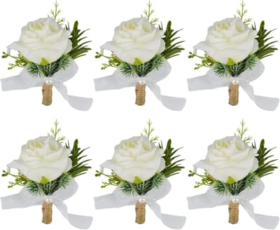 6x Witte Kunstbloemen Corsage Bruiloft Bruidspaar X Broche Strik Accessoire