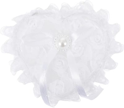 Ringkussen Hartvorm - Bruiloft Accessoire - Trouwringen Presenteren - Met Kant Afwerking - 9x7.4x4cm - Wit