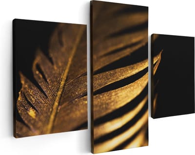 Artaza Canvas Schilderij Drieluik Gouden Veer  - 90x60 - Foto Op Canvas - Canvas Print