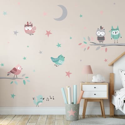 Muurstickers - Uilen en zangvogels - Zelfklevende stickers - 105x80cm