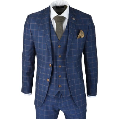 Heren 3-delige Kostuum Blauw Goud Check Peaky Blinders 1920 Gatsby Stijl Vintage Kostuum