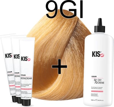 Kis KeraCream Color - 100ml - Haarverf Set - 9GI Zeer licht goudblond intensief | KIS - (3 x haarverf & 1L waterstofperoxide)