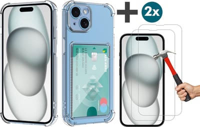 Hoesje Geschikt voor iPhone 15 Plus Hoesje Met Pashouder Siliconen Shockproof Case - Arara Backcover met 2 stuks screenprotectors - Transparant