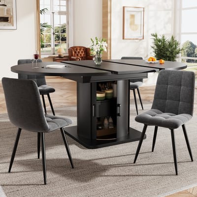 OKWISH Eethoek 118-158 x 118 cm - Uitschuifbare Tafel Met 4 Stoelen - Ruimtebesparend Voor Keuken En Eetkamer - MDF - Zwart